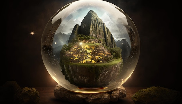 A glass ball with mountains and a mountain in the middle