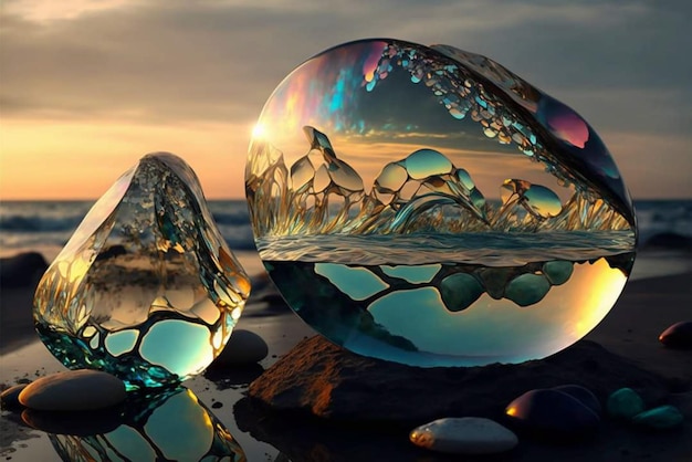 A glass ball with the ocean in the background