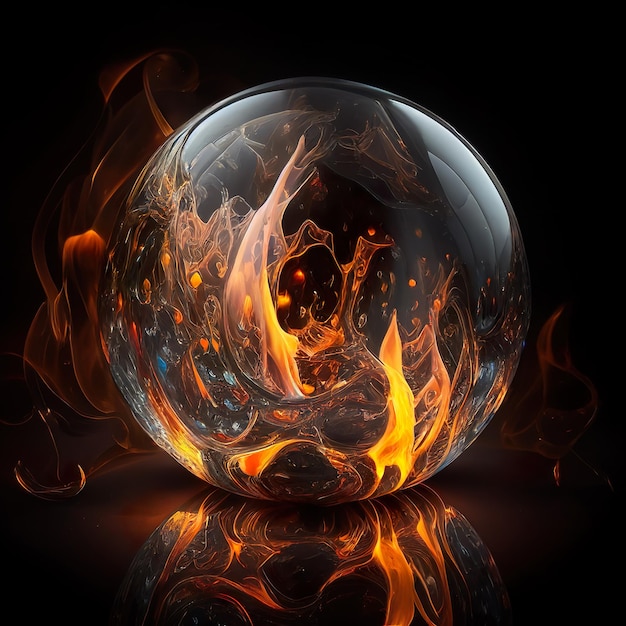 A glass ball with orange flames on it is lit up with a black background.