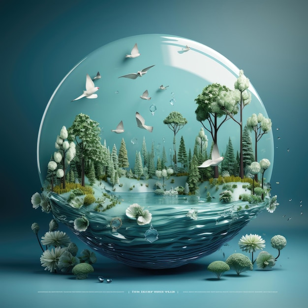 a glass ball with a picture of a forest and trees and a lake with birds flying around it