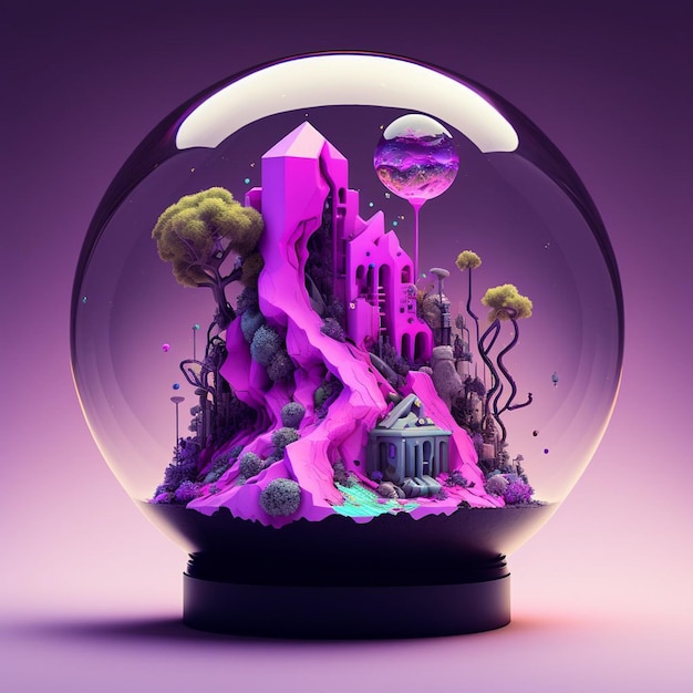 A glass ball with a pink castle in the middle.