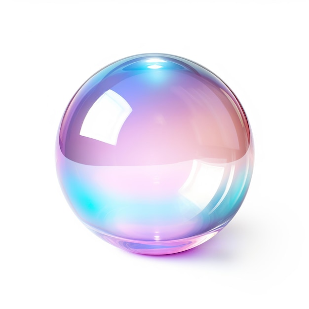 a glass ball with a purple base and the reflection of the sky in the middle