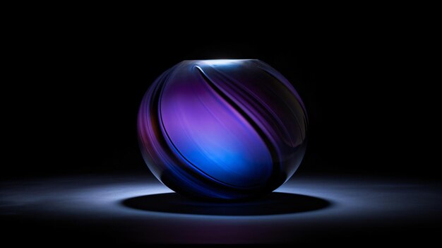 a glass ball with purple and blue colors is illuminated by a purple and blue light