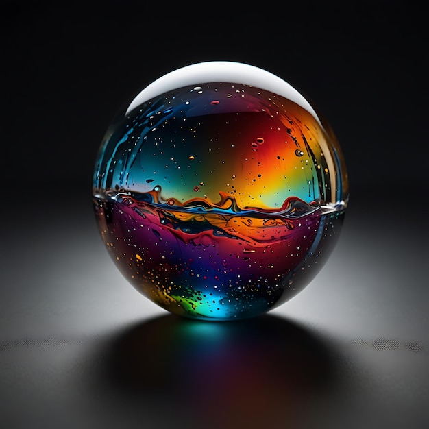 Photo a glass ball with the rainbow on it is on a black surface