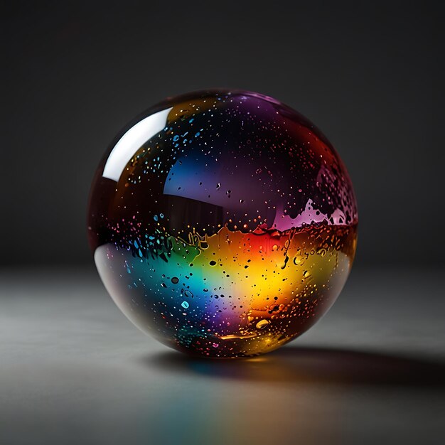 a glass ball with the rainbow on it is on a table