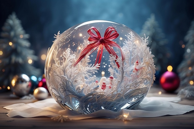 Photo a glass ball with a red bow on it is decorated with snowflakes