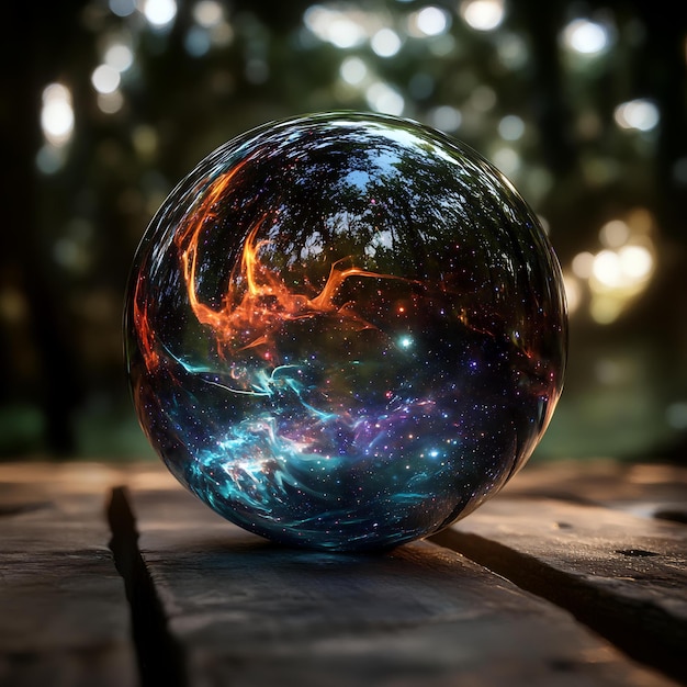 Photo a glass ball with a reflection of fire and stars