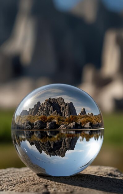 Photo a glass ball with a reflection of a mountain in it