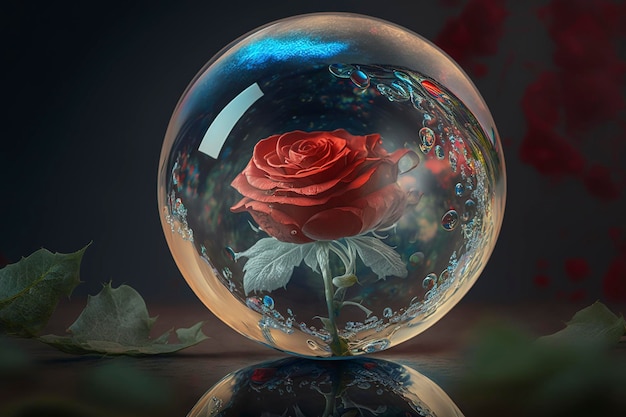 glass ball with roses inside and drops of water, creative ai