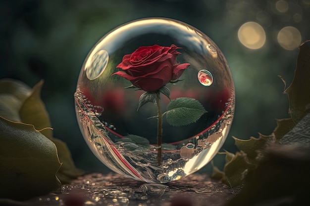 glass ball with roses inside and drops of water, creative ai