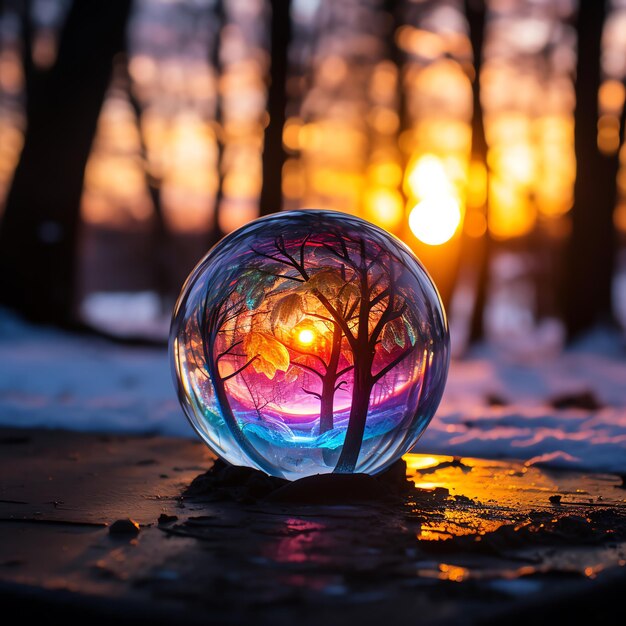 a glass ball with a sunset in the background