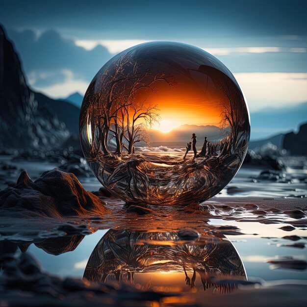 a glass ball with the sunset in the background