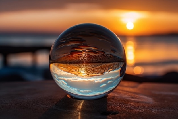 A glass ball with a sunset in the background