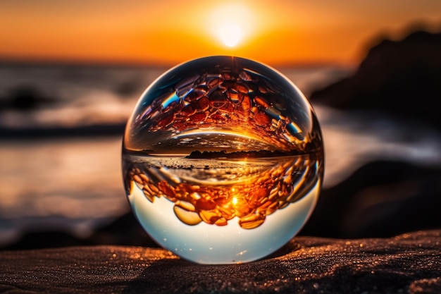 A glass ball with a sunset in the background