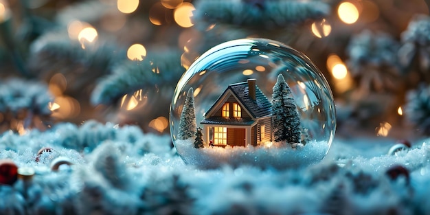 Glass ball with tiny modern cozy winter house inside set against festive Christmas background Concept Winter Photography Miniature House Glass Ball Christmas Decorations Festive Background