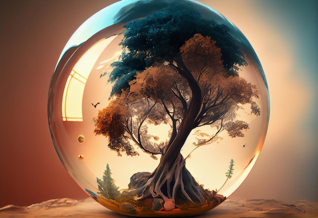 A glass ball with a tree inside and a bird on the bottom.