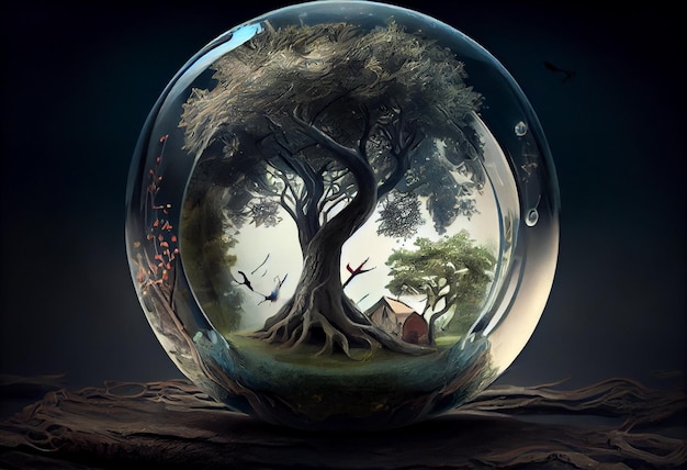 A glass ball with a tree inside and a house on the bottom.