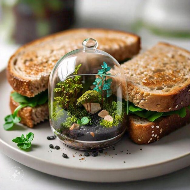 a glass ball with a tree in it sits on a plate with a tree and a small house on it