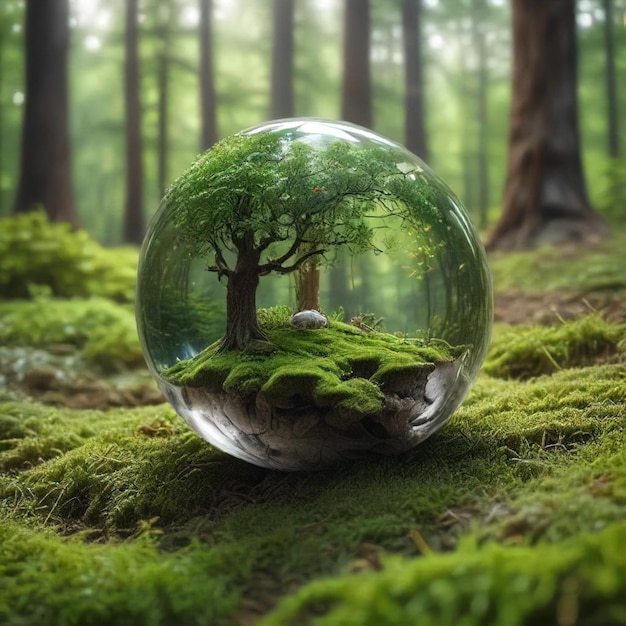 a glass ball with a tree in the middle of the forest