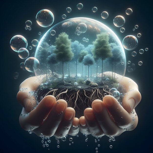 a glass ball with water bubbles and trees in the background