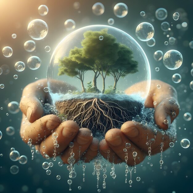 a glass ball with water drops and trees in the background