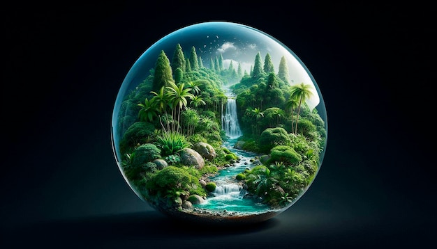 Photo a glass ball with a waterfall and a waterfall in the background