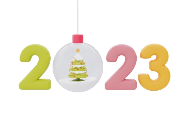 Glass Balls hanging on ribbon with colorful number 2023 and Christmas tree Merry Christmas and Happy New Year 3d rendering