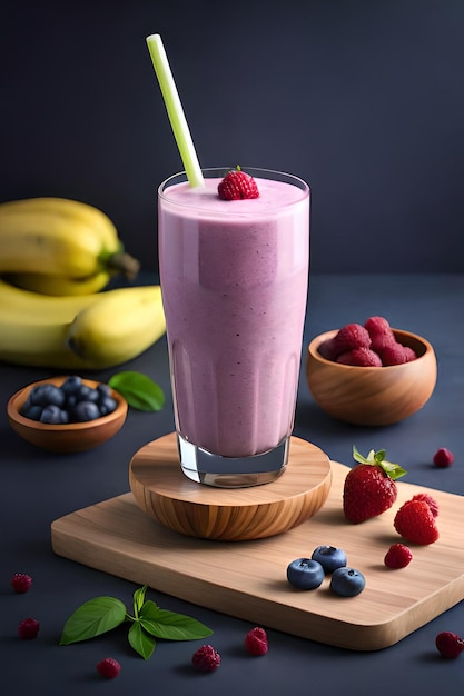 A glass of banana smoothie with a straw and blueberries on a wooden board.