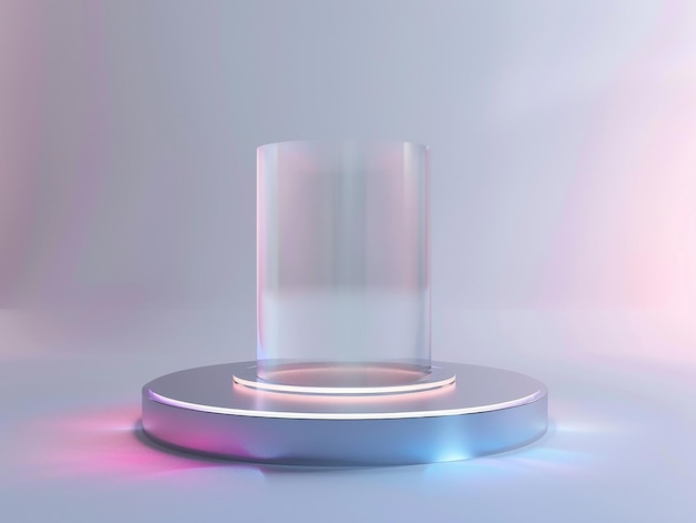 a glass base with a light on it and a round base with a red and blue light