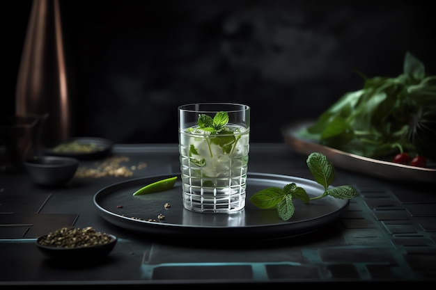 A glass of basil cocktail with a green pepper on a tray