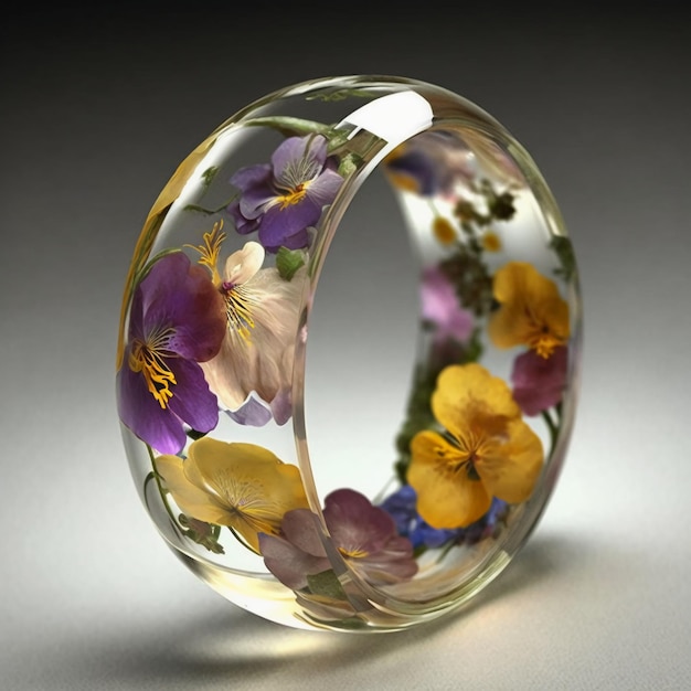 A glass bead with a colorful flower on it