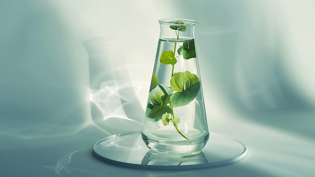 A glass beaker containing water and gotu kola Centella asiatica decorated with erlen Generative AI