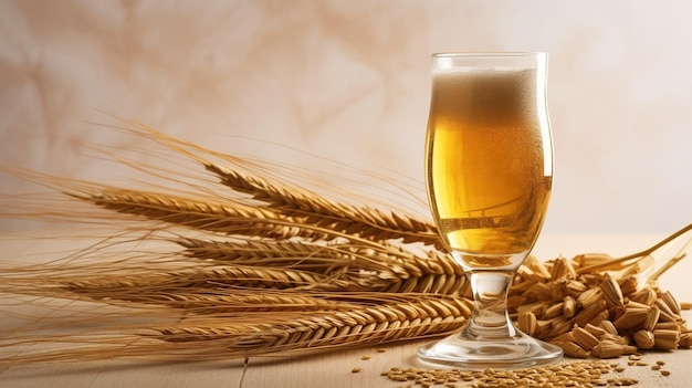 A glass of beer against the background of ears of wheat AI Generated