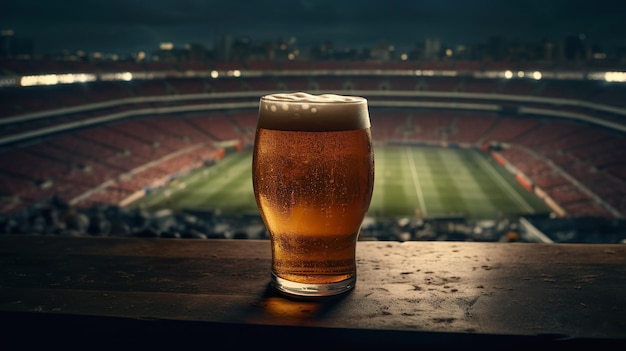 Glass of beer on the background of the sports stadium generative ai