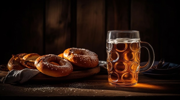 A glass of beer next to bagels