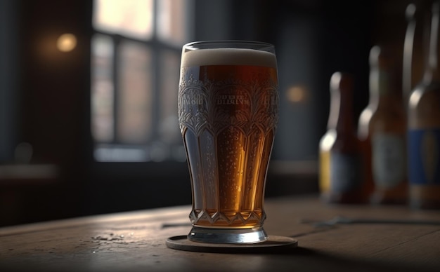 A glass of beer on a bar counter Pub background ai generated