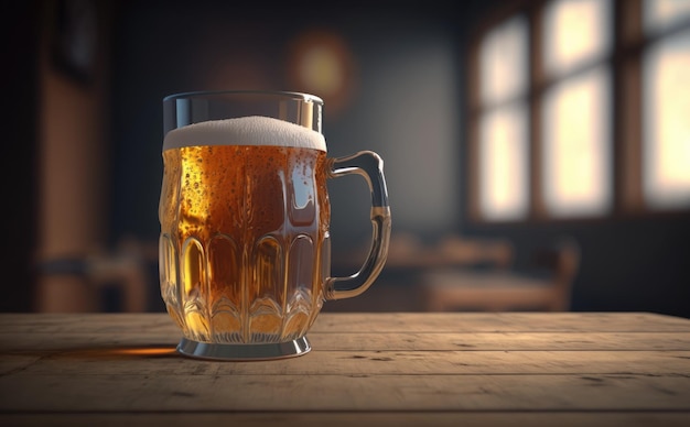 A glass of beer on a bar counter. Pub background. ai generated