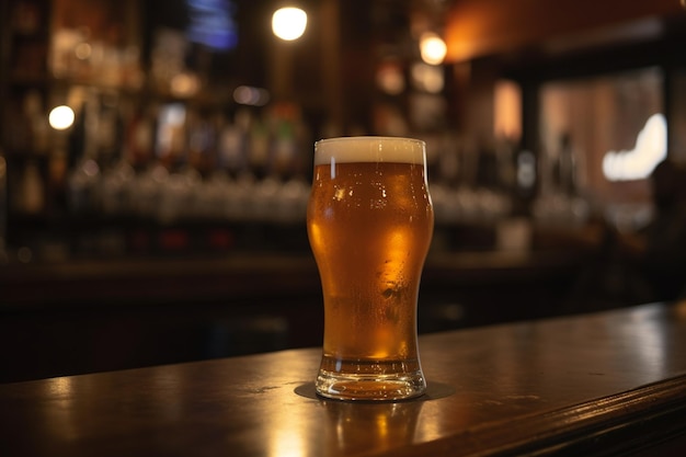 Glass of beer on the bar in front of the bar