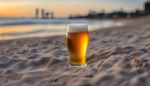 a glass of beer on the beach with city in the background