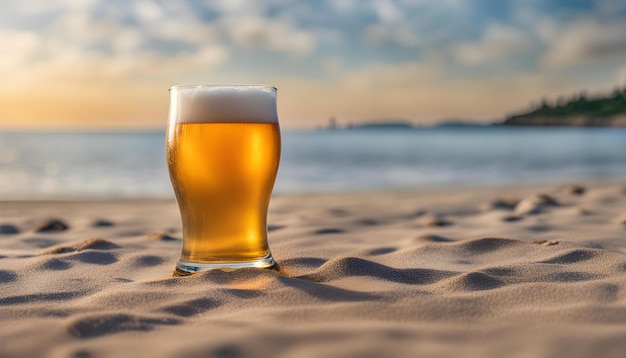 a glass of beer on the beach with the ocean in the background