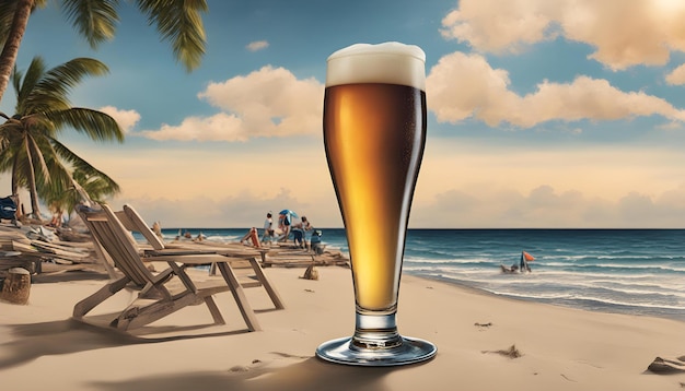 a glass of beer on a beach with people swimming in the background