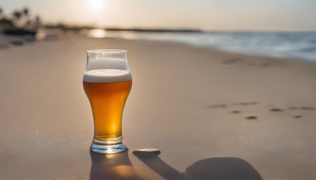 a glass of beer on a beach with the sun setting behind it