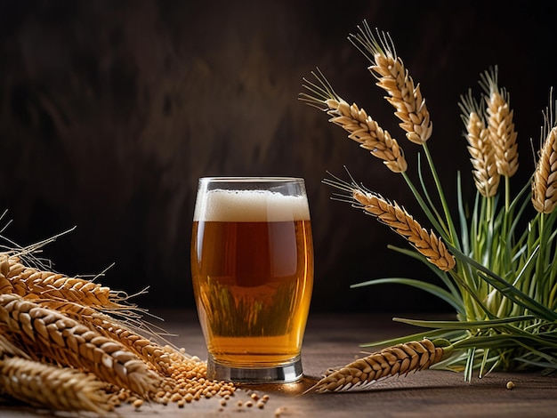 a glass of beer next to a bunch of green beans