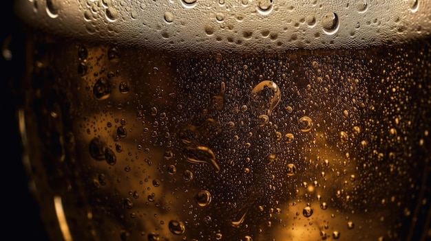 A glass of beer closeup with water droplets on it