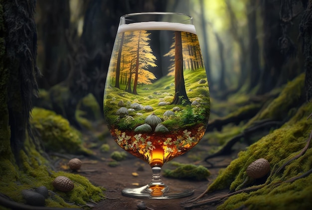 Glass of beer in forest landscape Generative AI