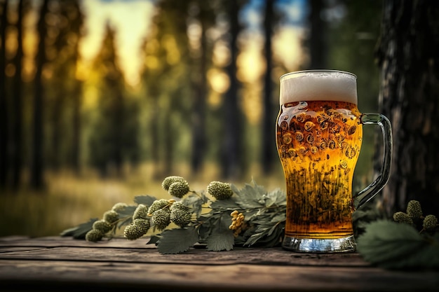 A glass beer glass on a wooden table in the blurred forest background Generative AI