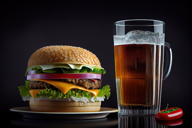 A glass of beer next to a hamburger and a glass of beer.