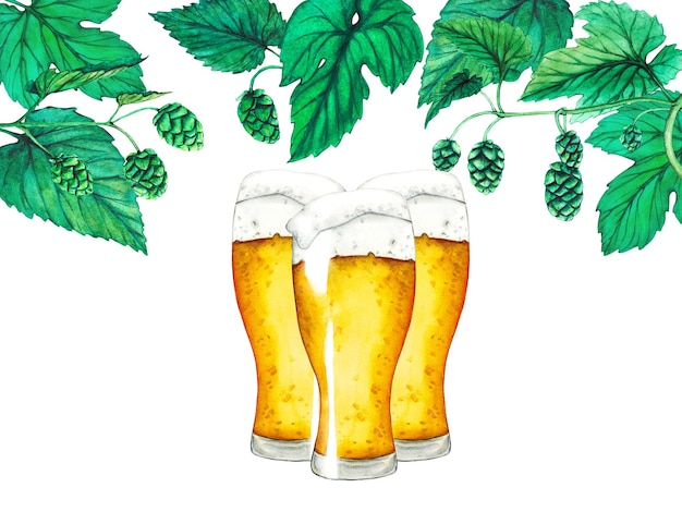 Glass of beer hop and leaves Watercolor beer collection