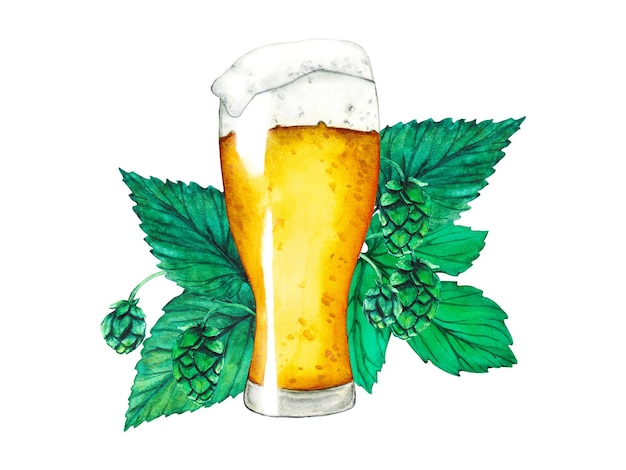 Glass of beer hop and leaves Watercolor beer collection