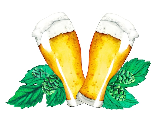 Glass of beer hop and leaves Watercolor beer collection